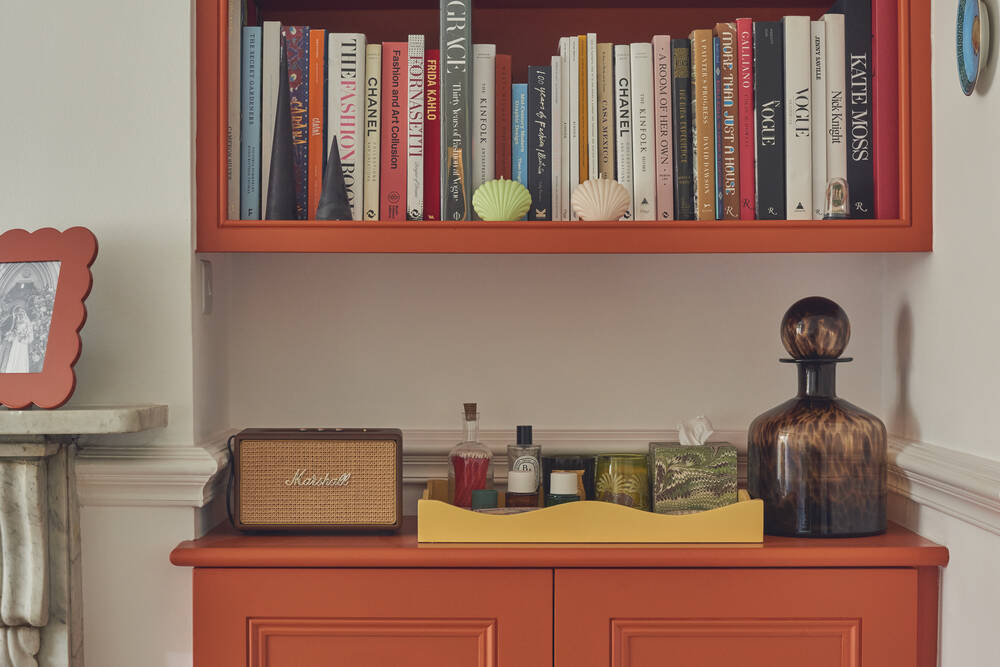 An orange bookshelf