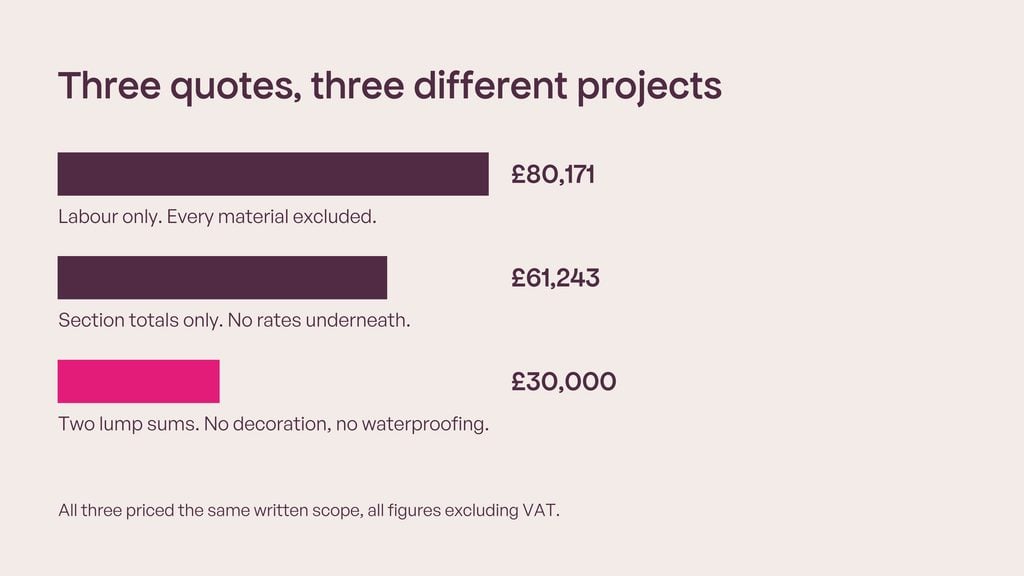 Three quotes, three different projects." E8 kitchen and bathroom renovation, September 2026. Horizontal bars, aubergine on cream: £80,171 labelled "labour only, materials excluded"; £61,243 labelled "section totals, no rates"; £30,000 labelled "two lump sums, no decoration, no waterproofing". Caption: the spread isn't telling you about price. It's telling you what each builder thought he was pricing